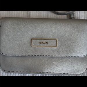 DKNY Silver Metallic Crossbody Bag with Flap Closure